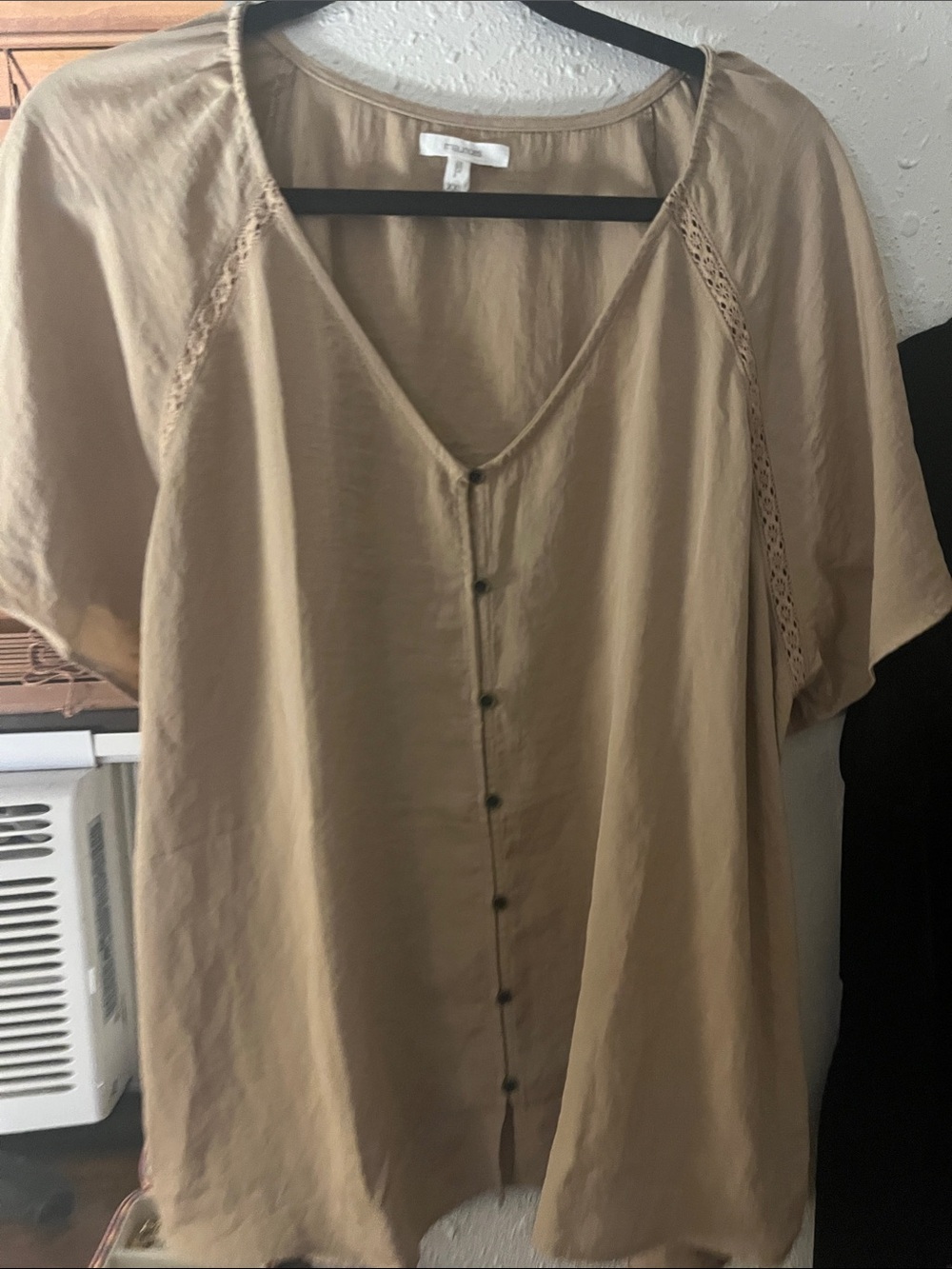 Maurices Tan V-Neck Button-Front Blouse with Lace-Trim Raglan Sleeves